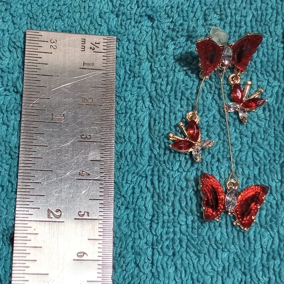 Red Dangle Post Butterfly Crystal Earrings - Picture 2 of 3